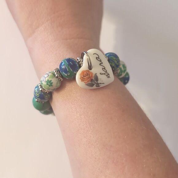 676 Blue and Green Floral Painted Beaded Charm Bracelet with Sara Engraved Heart - Picture 2 of 4